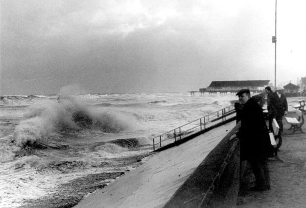 Rough sea at Redcar, with pier, 1978